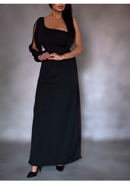 Tek Omuz Açık Derin Yırtmaçlı Krep Tam Boy Elbise indirimleri