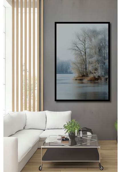 Çerçeve Görünümlü Buzlu Nehir Kenarı Manzarası Yağlı Boya Görünümlü Dekoratif Ahşap Ofis Kare Tablo