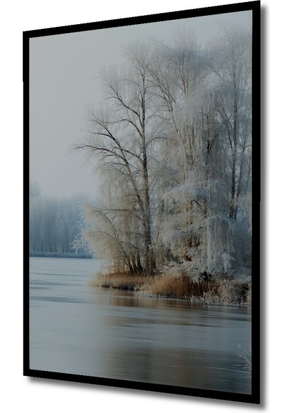 Çerçeve Görünümlü Buzlu Nehir Kenarı Manzarası Yağlı Boya Görünümlü Dekoratif Ahşap Ofis Kare Tablo fiyatları