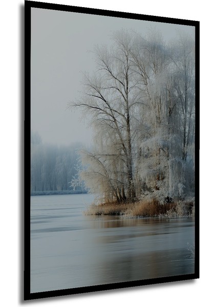 Çerçeve Görünümlü Buzlu Nehir Kenarı Manzarası Yağlı Boya Görünümlü Dekoratif Ahşap Ofis Kare Tablo modelleri