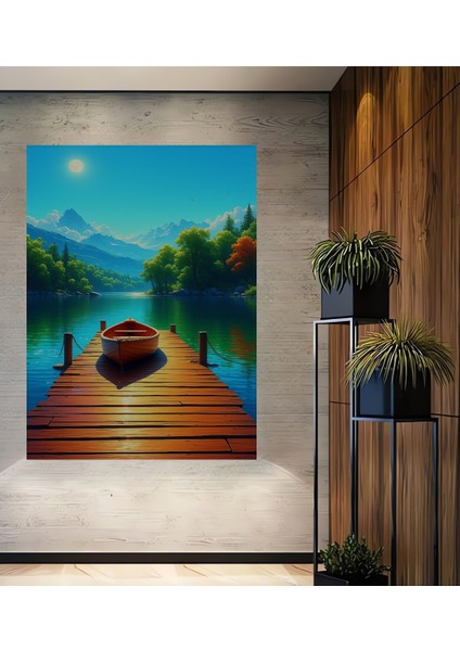 Huzurlu Göl Kenarı Dekoratif Ahşap Iskelesi Yağlı Boya Görünümlü Ev/işyeri/ofis Kare Tablo