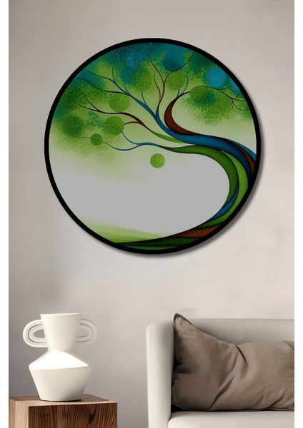 Çerçeve Görünümlü Yeşil Rüyalar Ağacı Yağlı Boya Görünümlü Modern Sanat Ofis Ahşap Yuvarlak Tablo