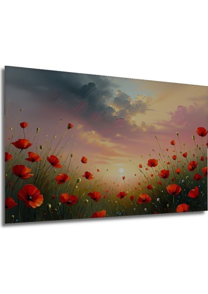 Yağlı Boya Görünümlü Gelincik Tarlası Gün Batımı Ev/işyeri/ofis Dekoratif Ahşap Kare Tablo modelleri