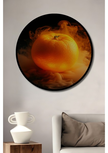 Çerçeve Görünümlü Ateşli Portakal Rüyası Yağlı Boya Görünümlü Dekoratif Ahşap Ofis Yuvarlak Tablo