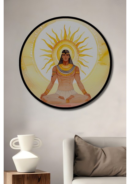Çerçeve Görünümlü Mısır Meditasyon Güneş Tanrısı Sulu Boya Görünümlü Ahşap Ofis Yuvarlak Tablo