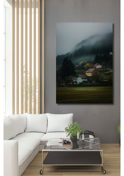 Sisli Dağ Köyü Manzarası Yağlı Boya Görünümlü Dekoratif Ahşap Ev/işyeri/ofis Kare Tablo