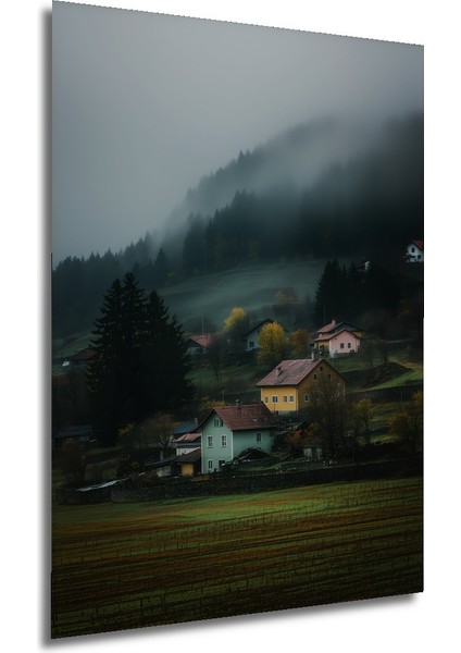 Sisli Dağ Köyü Manzarası Yağlı Boya Görünümlü Dekoratif Ahşap Ev/işyeri/ofis Kare Tablo modelleri