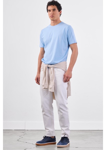 Açık Mavi Bisiklet Yaka Pamuklu Düz Renk Slim Fit Erkek T-Shirt modelleri