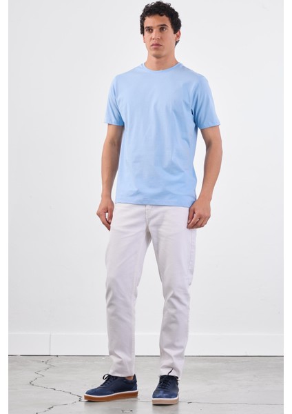 Açık Mavi Bisiklet Yaka Pamuklu Düz Renk Slim Fit Erkek T-Shirt indirimleri