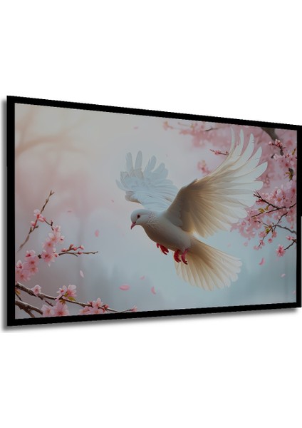 Çerçeve Görünümlü Beyaz Güvercin ve Kiraz Çiçekleri Yağlı Boya Görünümlü Ofis Ahşap Kare Tablo modelleri