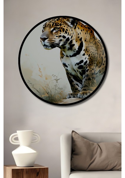 Çerçeve Görünümlü Sulu Boya Görünümlü Jaguar Cazibesi Dekoratif Ahşap Ev/işyeri/ofis Yuvarlak Tablo