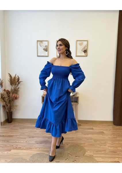 Kadın Uzun Kollu Kare Yakalı Gipeli Uzun Trikoton Elbise