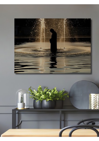 Sulu Boya Görünümlü Düşünen Insan Heykeli ve Fıskiye Modern Sanat Ev/işyeri/ofis Dekoratif Tablo