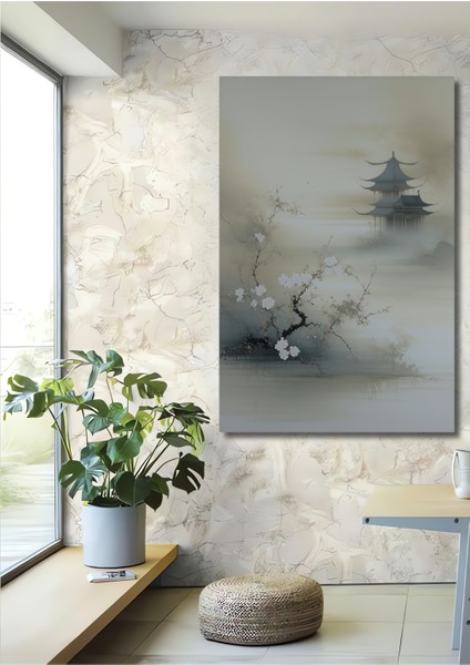 Sakura Çiçekleri ve Pagoda Sulu Boya Görünümlü Dekoratif Ahşap Dekoratif Ev/işyeri/ofis Kare Tablo