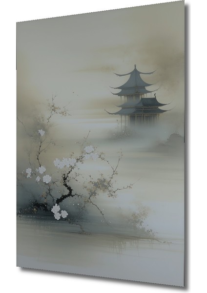 Sakura Çiçekleri ve Pagoda Sulu Boya Görünümlü Dekoratif Ahşap Dekoratif Ev/işyeri/ofis Kare Tablo fiyatları