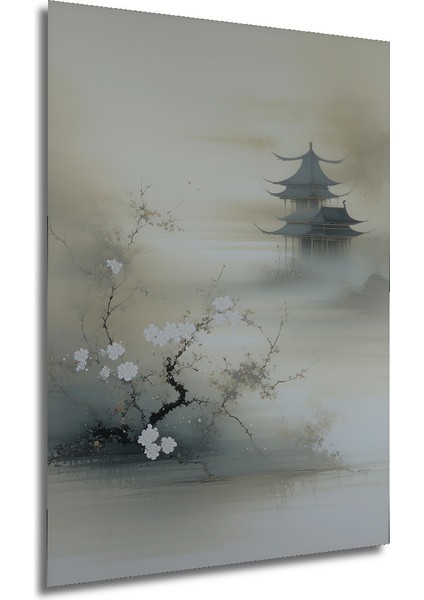 Sakura Çiçekleri ve Pagoda Sulu Boya Görünümlü Dekoratif Ahşap Dekoratif Ev/işyeri/ofis Kare Tablo modelleri