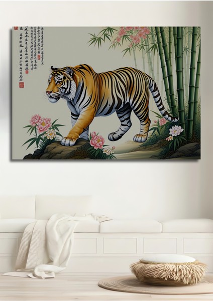 Bambu Ormanında Yürüyen Yağlı Boya Görünümlü Kaplan Ev/işyeri/ofis Dekoratif Ahşap Kare Tablo