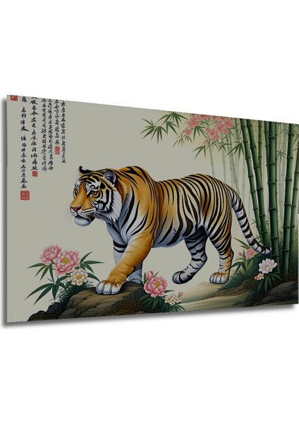 Bambu Ormanında Yürüyen Yağlı Boya Görünümlü Kaplan Ev/işyeri/ofis Dekoratif Ahşap Kare Tablo modelleri