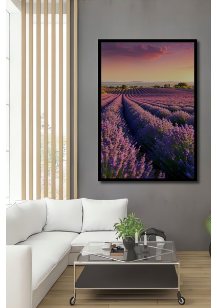 Çerçeve Görünümlü Mor Lavanta Tarlası Rüya Manzarası Yağlı Boya Görünümlü Ahşap Ofis Kare Tablo
