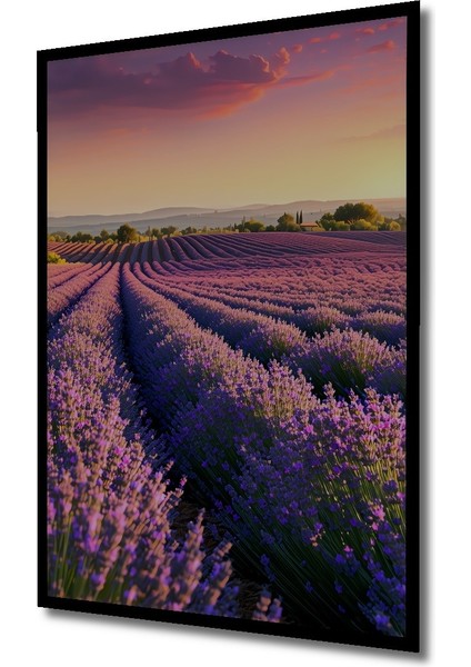 Çerçeve Görünümlü Mor Lavanta Tarlası Rüya Manzarası Yağlı Boya Görünümlü Ahşap Ofis Kare Tablo fiyatları