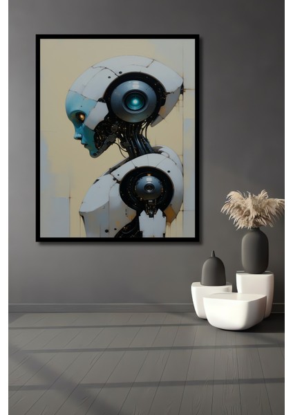 Çerçeve Görünümlü Cyberpunk Robot Portre Yağlı Boya Görünümlü Dekoratif Ahşap Ofis Kare Tablo