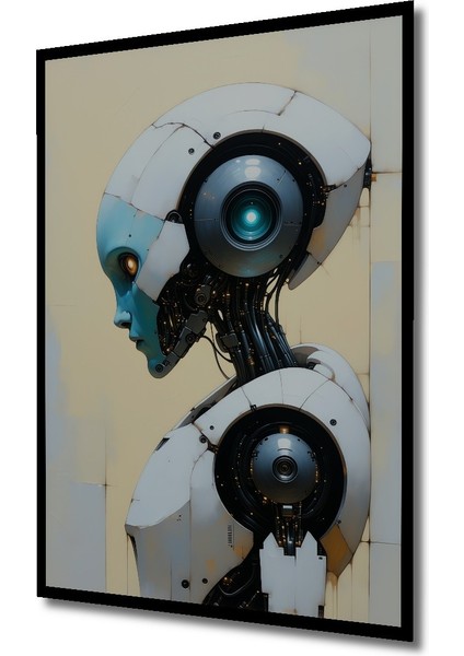 Çerçeve Görünümlü Cyberpunk Robot Portre Yağlı Boya Görünümlü Dekoratif Ahşap Ofis Kare Tablo fiyatları
