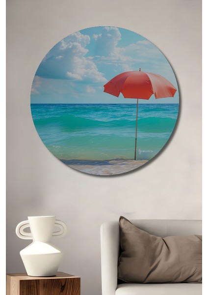 Turkuaz Deniz ve Şemsiye Rüyası Yağlı Boya Görünümlü Dekoratif Ahşap Ev/işyeri/ofis Yuvarlak Tablo