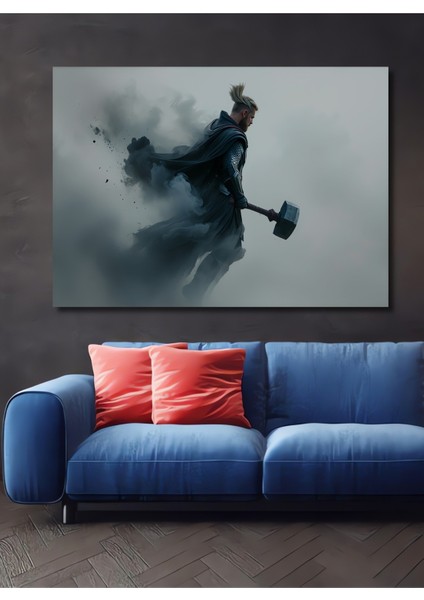 Thor Destansı Çekiç Yağlı Boya Görünümlü Dekoratif Ahşap Ev/işyeri/ofis Kare Tablo