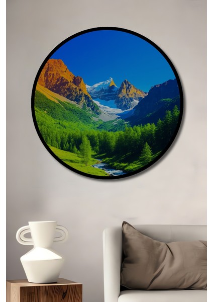Çerçeve Görünümlü Dağların Büyülü Dansı Yağlı Boya Görünümlü Dekoratif Ahşap Ofis Yuvarlak Tablo