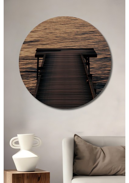 Huzurlu Iskele Manzarası Yağlı Boya Görünümlü Dekoratif Ahşap Ev/işyeri/ofis Yuvarlak Tablo