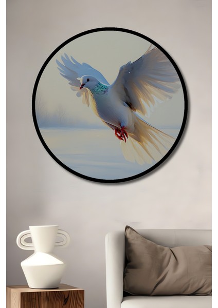 Çerçeve Görünümlü Beyaz Güvercin Yağlı Boya Görünümlü Dekoratif Ahşap Ev/işyeri/ofis Yuvarlak Tablo