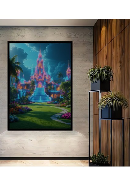 Çerçeve Görünümlü Neon Işıltılı Fantastik Şato Dekoratif Ahşap Dekoratif Ev/işyeri/ofis Kare Tablo