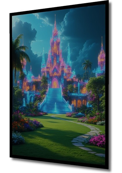 Çerçeve Görünümlü Neon Işıltılı Fantastik Şato Dekoratif Ahşap Dekoratif Ev/işyeri/ofis Kare Tablo fiyatları