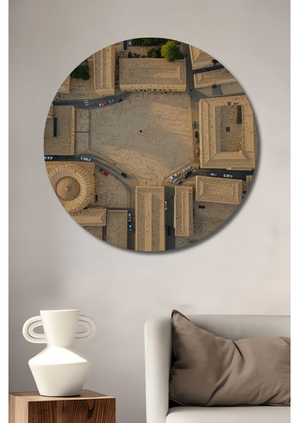 Kuşbakışı Tarihi Kent Meydanı Yağlı Boya Görünümlü Dekoratif Ahşap Ev/işyeri/ofis Yuvarlak Tablo
