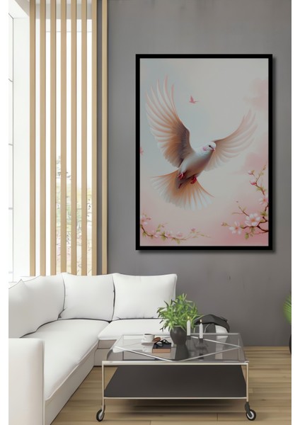 Çerçeve Görünümlü Uçan Beyaz Güvercin Yağlı Boya Görünümlü Dekoratif Ahşap Işyeri/ofis Kare Tablo