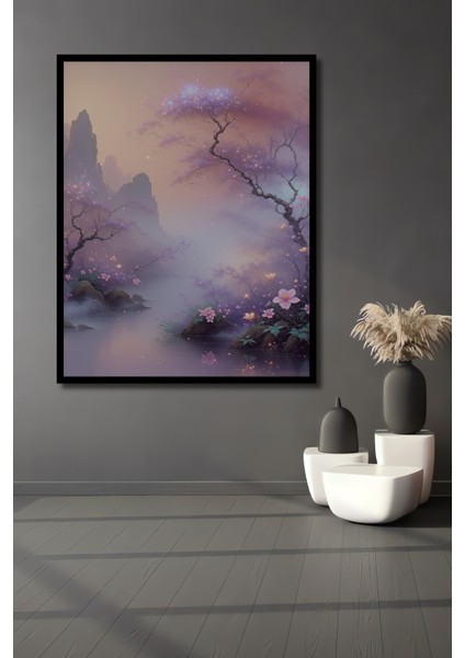 Çerçeve Görünümlü Efsanevi Mor Şelale Pastel Boya Görünümlü Dekoratif Ahşap Işyeri/ofis Kare Tablo