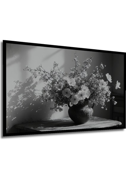 Çerçeve Görünümlü Siyah Beyaz Çiçek Bahçesi Yağlı Boya Görünümlü Dekoratif Ahşap Ofis Kare Tablo modelleri