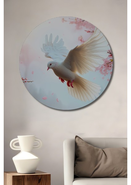 Beyaz Güvercin ve Kiraz Çiçekleri Yağlı Boya Görünümlü Ev/işyeri/ofis Dekoratif Ahşap Tablo