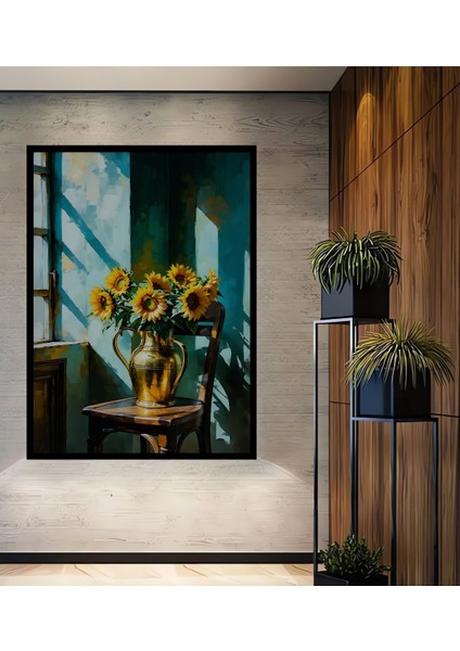 Çerçeve Görünümlü Altın Vazo Içinde Ayçiçekleri Yağlı Boya Görünümlü Ahşap Ofis Kare Tablo