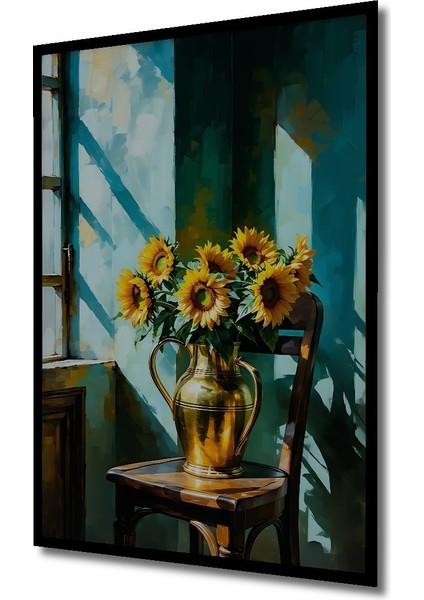 Çerçeve Görünümlü Altın Vazo Içinde Ayçiçekleri Yağlı Boya Görünümlü Ahşap Ofis Kare Tablo fiyatları