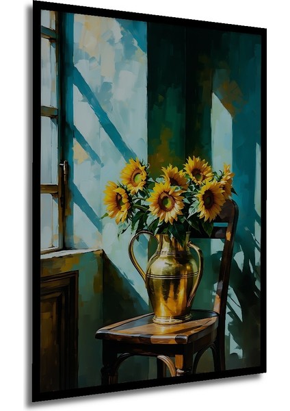 Çerçeve Görünümlü Altın Vazo Içinde Ayçiçekleri Yağlı Boya Görünümlü Ahşap Ofis Kare Tablo modelleri