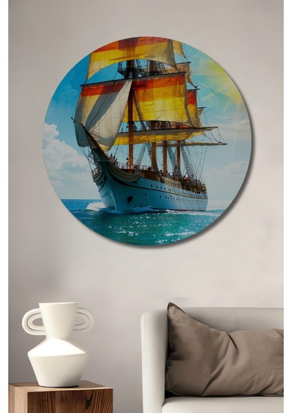 Sulu Boya Görünümlü Yelkenli Gemi Manzarası Ev/işyeri/ofis/salon Ahşap Dekoratif Yuvarlak Tablo