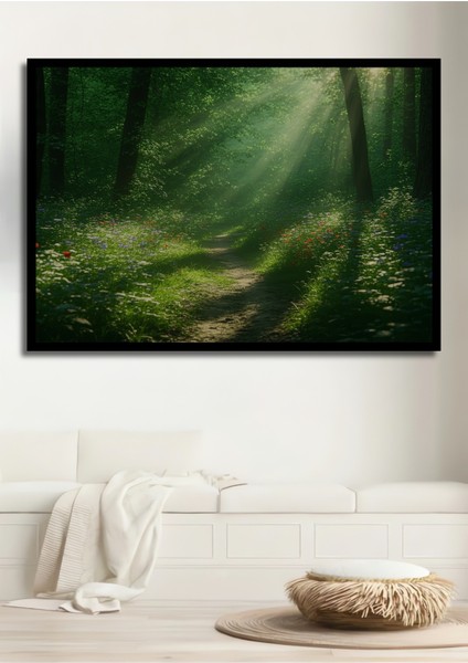 Çerçeve Görünümlü Orman Ihtişamlı Yeşil Yollar Yağlı Boya Görünümlü Dekoratif Ahşap Ofis Kare Tablo