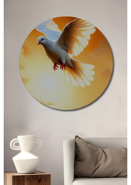 Altın Kanatlı Güvercin Yağlı Boya Görünümlü Ev/işyeri/ofis Dekoratif Ahşap Yuvarlak Tablo
