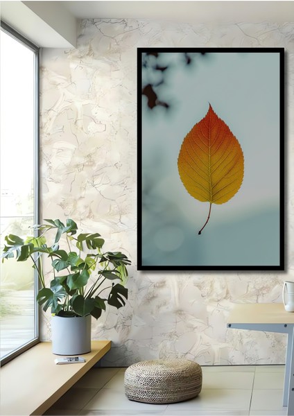 Çerçeve Görünümlü Sulu Boya Görünümlü Sonbahar Yaprağı Zarafeti Salon Ahşap Kare Tablo
