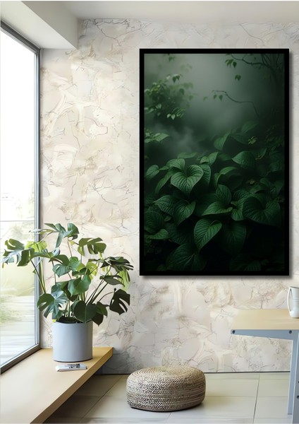 Çerçeve Görünümlü Yeşil Yapraklar Ormanı Yağlı Boya Görünümlü Dekoratif Ahşap Ofis Kare Tablo