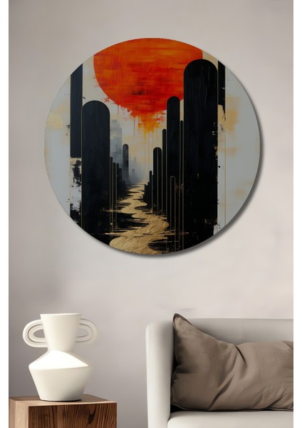 Altın Nehir Soyut Şehir Yağlı Boya Görünümlü Dekoratif Ahşap Ev/işyeri/ofis Yuvarlak Tablo