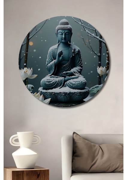 Buz Mavisi Buddha ve Lotus Çiçeği Rüyası Dekoratif Ahşap Ev/işyeri/ofis Yuvarlak Tablo