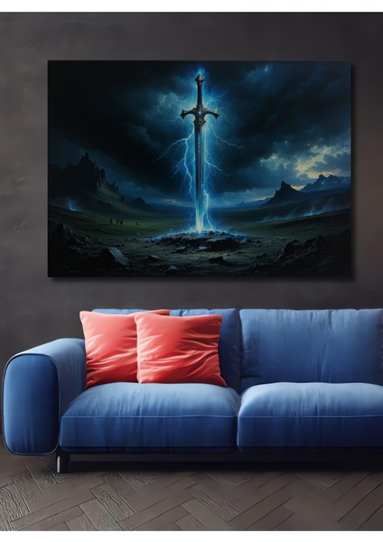 Şimşekli Kılıç Destansı Yağlı Boya Görünümlü Dekoratif Ahşap Ev/işyeri/ofis Kare Tablo