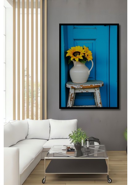 Çerçeve Görünümlü Turkuaz Kapı Önünde Ayçiçekleri Yağlı Boya Görünümlü Ahşap Ofis Kare Tablo